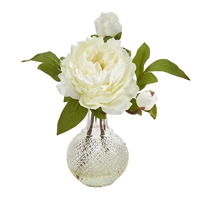 11" White Peony Arrangement in Clear Vase