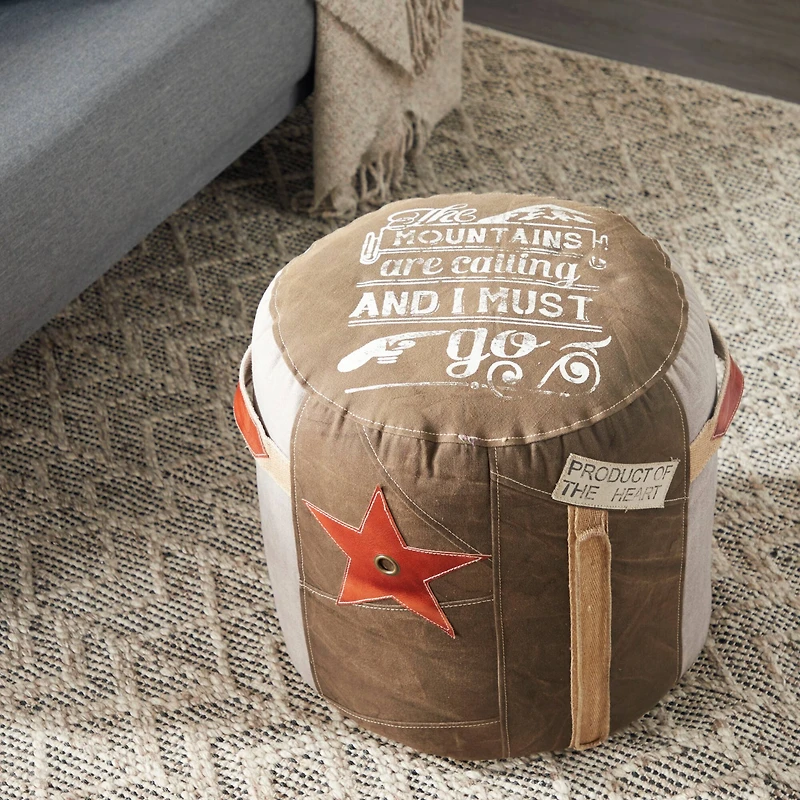 Brown Canvas and Leather Rustic Pouf, 19" x 17" x 17"