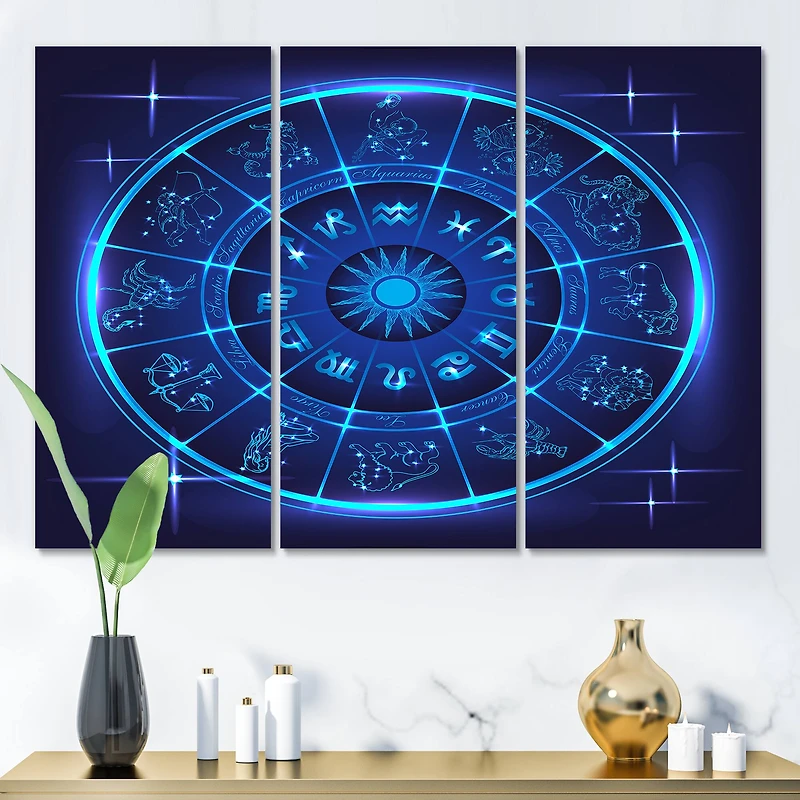 Designart - Neon Deep Blue Horoscope Circle With Zodiac Signs