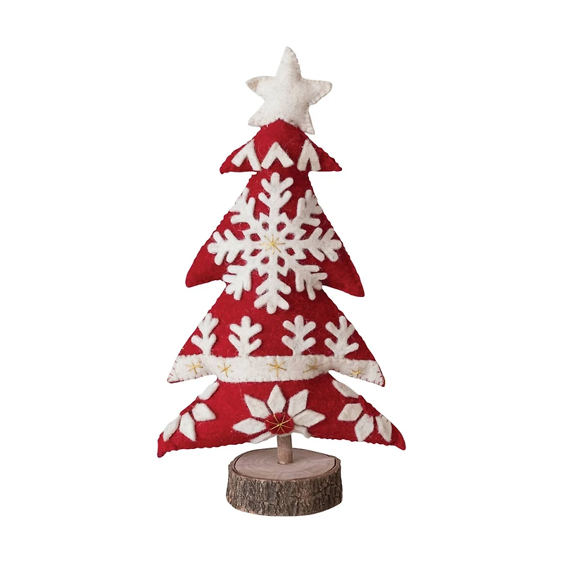Hello Honey® 12.5" Red & White Handmade Wool Felt Christmas Tree with Applique, Embroidery & Wood Base