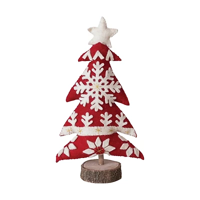 Hello Honey® 12.5" Red & White Handmade Wool Felt Christmas Tree with Applique, Embroidery & Wood Base
