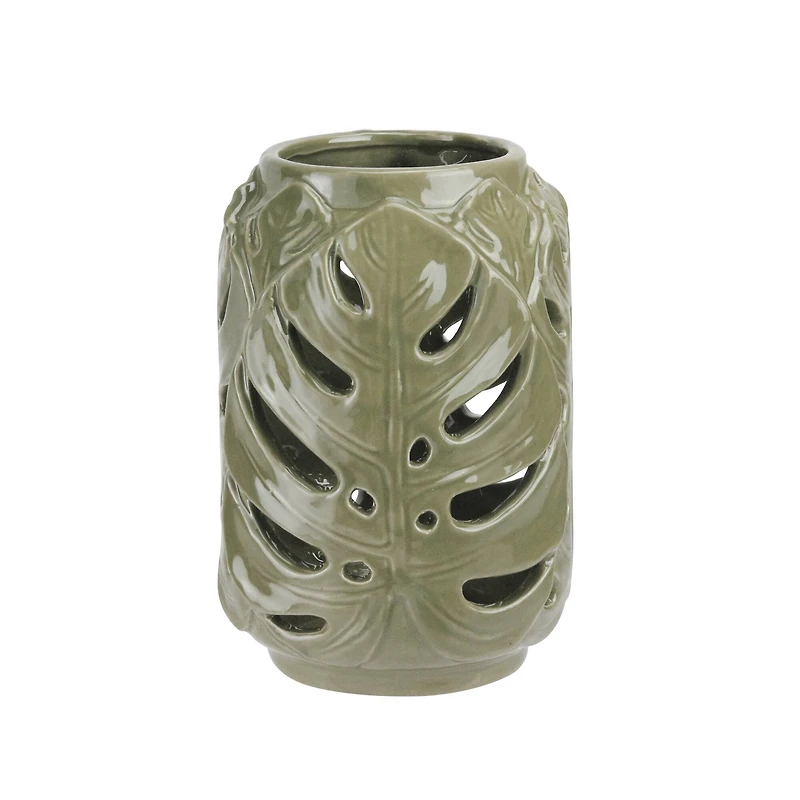 7" Elegant Moss Green Cutout Leaf Ceramic Candle Holder Lantern