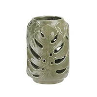 7" Elegant Moss Green Cutout Leaf Ceramic Candle Holder Lantern