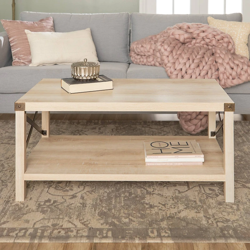 White Oak & Bronze Metal X Rustic Wood Coffee Table