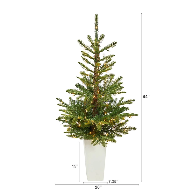 4.5ft. Pre-Lit Layered Washington Spruce Artificial Christmas Tree In White Planter, Clear LED Lights