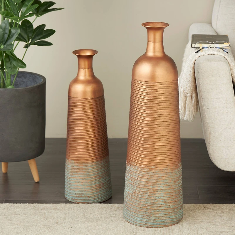 Distressed Ombre Copper Ribbed Vase Set