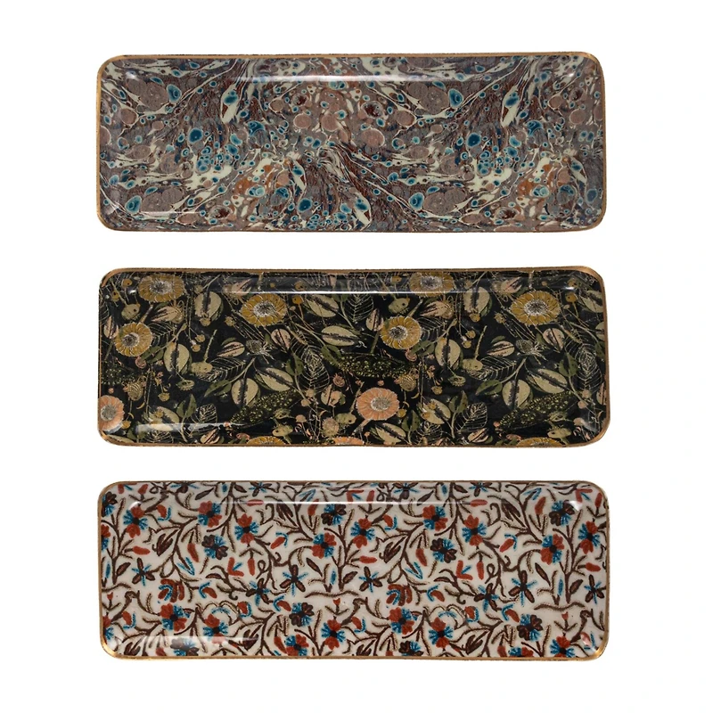 Hello Honey® 13" Abstract Print & Earthy Foliage Metal Tray, 3ct.