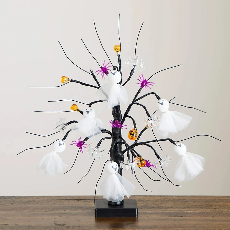 18in. Pre-Lit Artificial Halloween Ghost Dolls, Spiders, Bats & Pumpkins 24 LED Lighted Ornament Tree