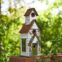 Glitzhome® 20" White & Green Distressed Wood 3-Story Villa Birdhouse