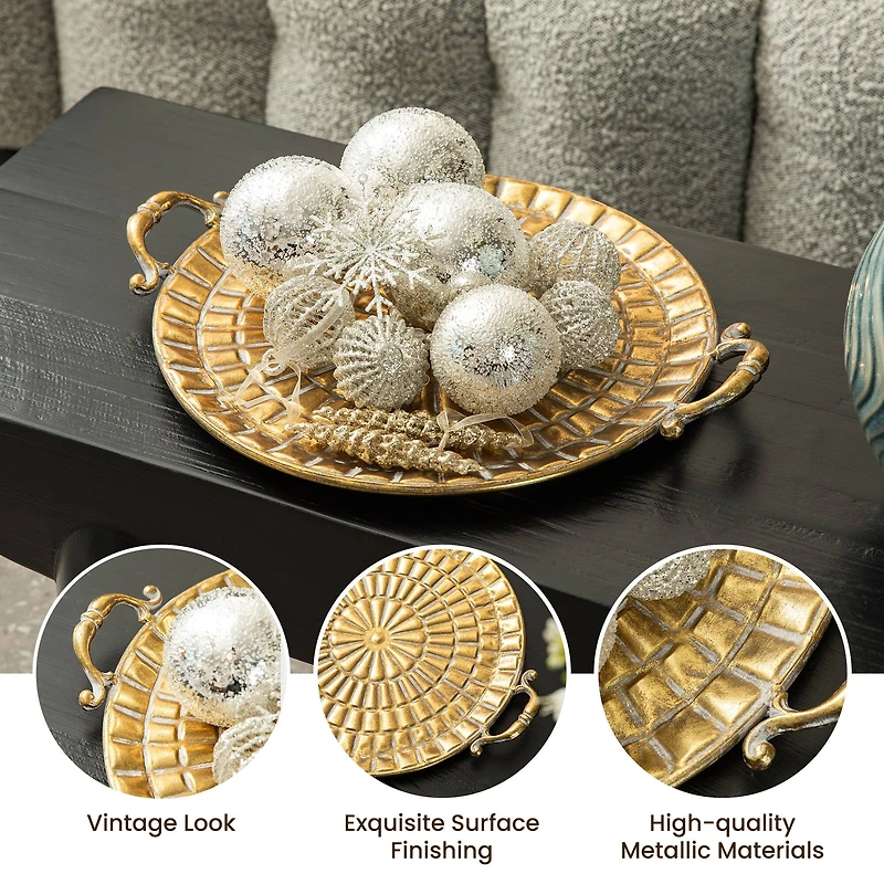 Glitzhome® Gold Round Metal Embossed Decorative Trays Set