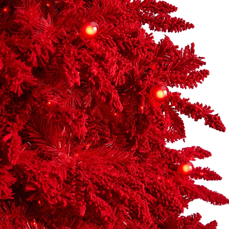 8ft. Pre-Lit Red Flocked Fraser Fir Artificial Christmas Tree, Red Lights
