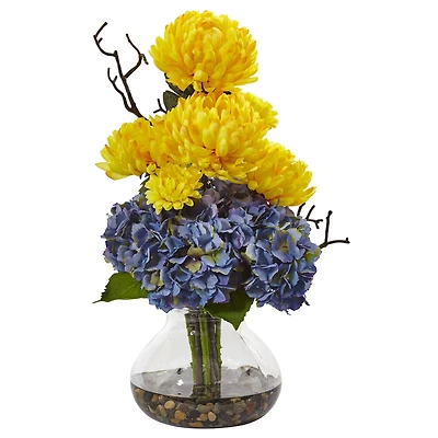 19" Blue & Yellow Hydrangea & Mum in Glass Vase