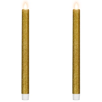 12" Gold Glittered Flameless Taper Candles, 2ct.