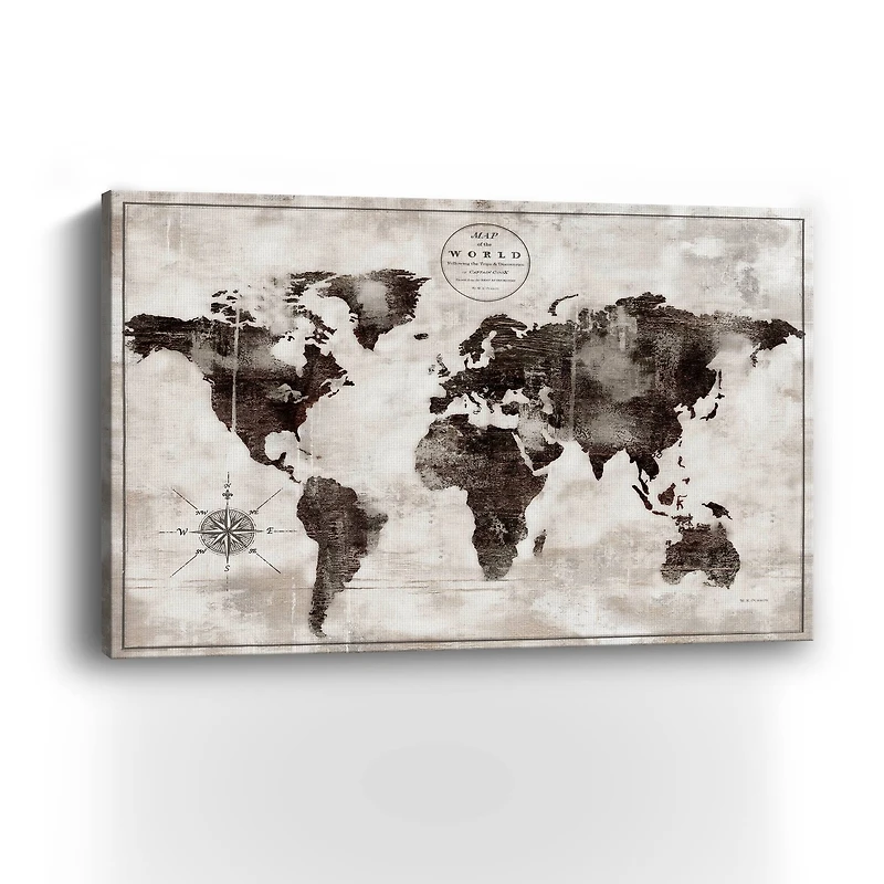 Rustic World Map Black And White Canvas Giclee