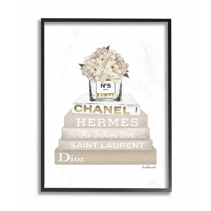 Stupell Industries High Fashion Book Stack with Tan Flowers Wall Art in Frame