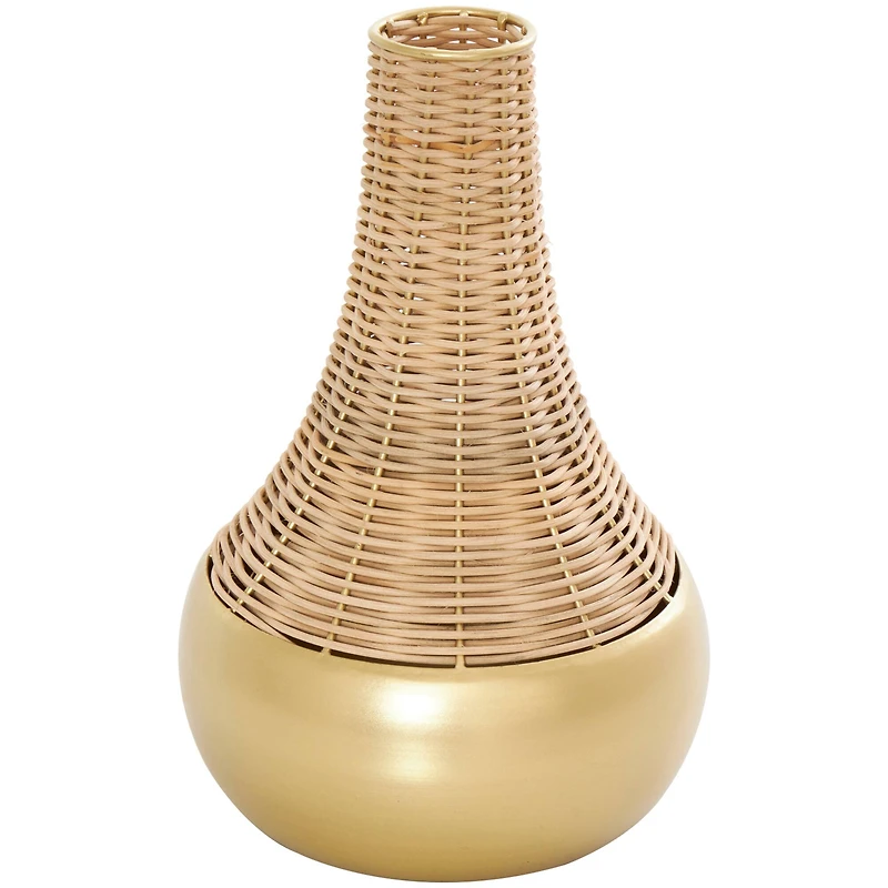 11" Brown & Gold Rattan Handmade Woven Vase