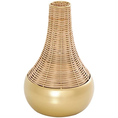 11" Brown & Gold Rattan Handmade Woven Vase