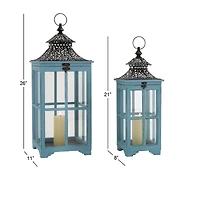 Set of 2" Turquoise Wood Coastal Lantern, 21", 26"