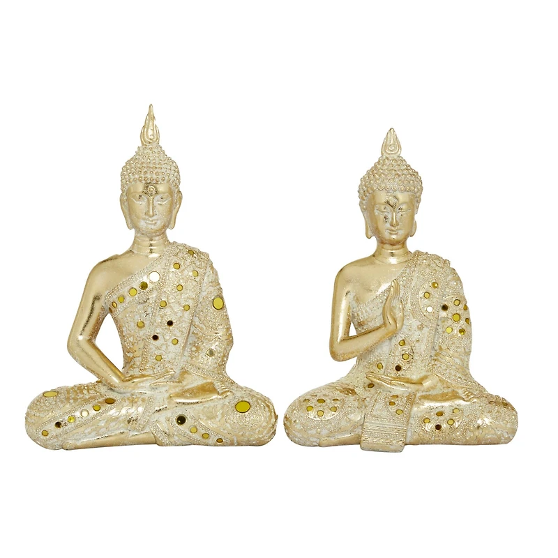 Set of 2 Gold Polystone Glam Buddha Sculpture, 10", 11"
