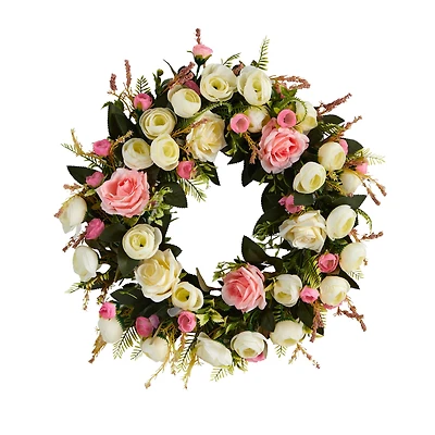 20" White & Pink Rose Wreath