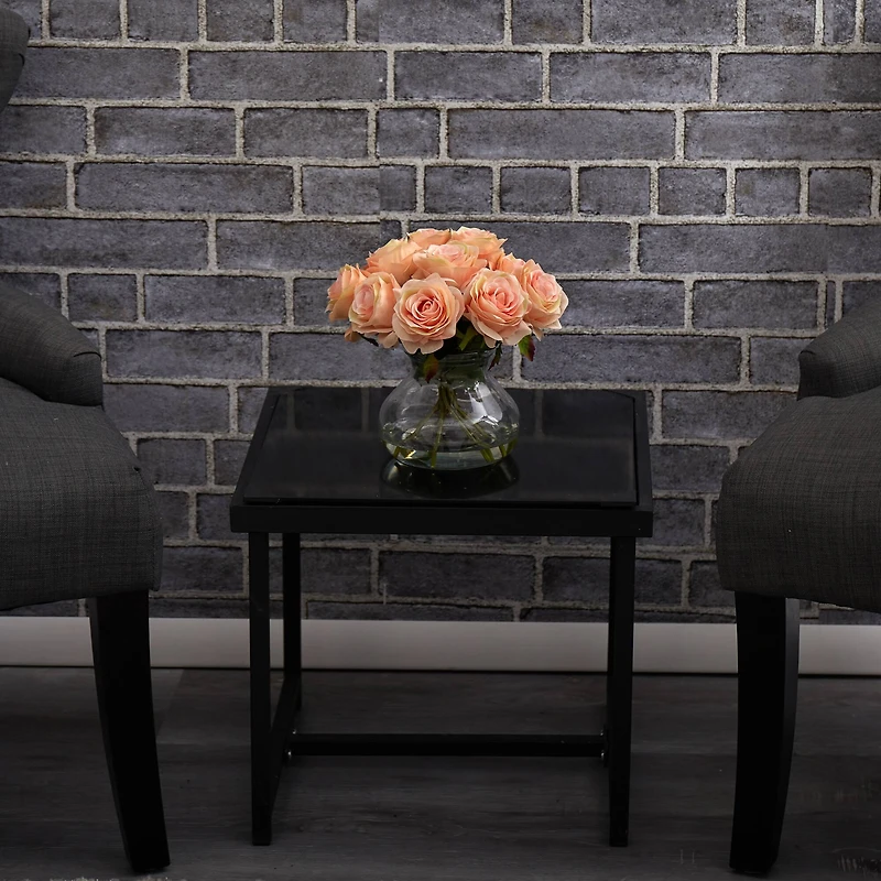 11" Peach Rose Arrangement with Clear Glass Vase