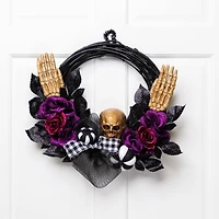 22" Skull with Hands & Purple Roses Halloween Twig Wreath