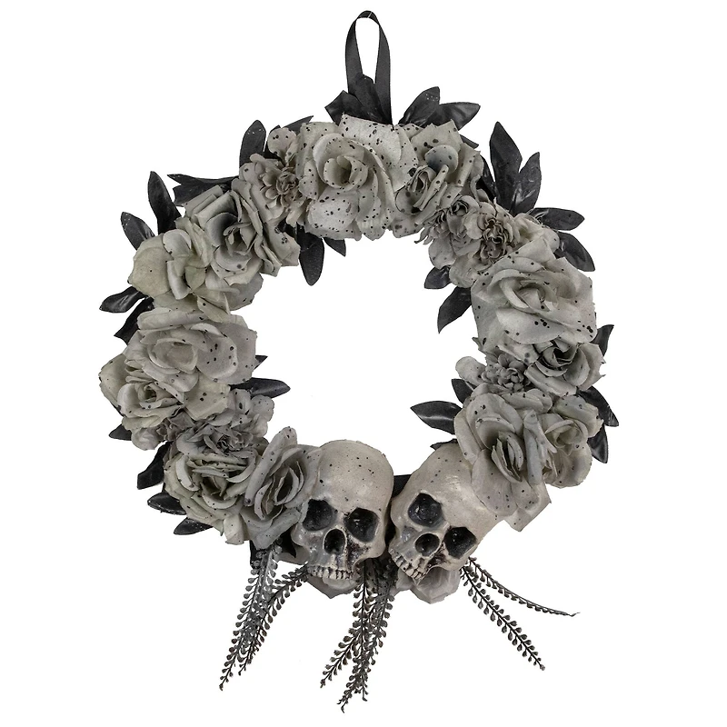 16" Double Skull & Gray Roses Halloween Wreath