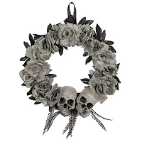 16" Double Skull & Gray Roses Halloween Wreath