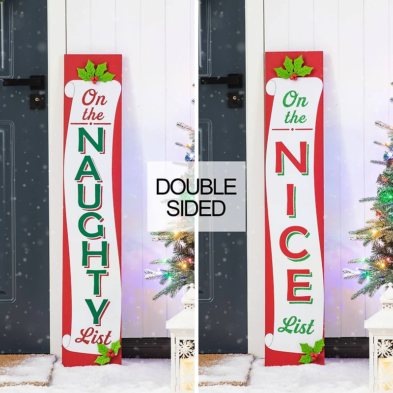 Glitzhome® 3.5ft. Double-Sided Wooden Naughty & Nice List Porch Sign