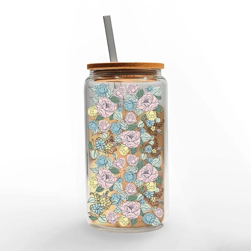 16oz. Contour Flower Pattern Glass Can Cup