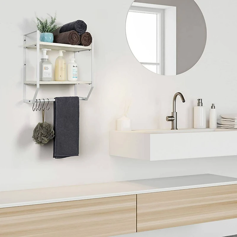 2-Layer Wall Mounted Rustic Shelves with Iron Towel Bar