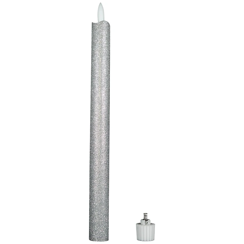 LED Flameless Flickering Taper Glittered Christmas Candles - 11" - Silver - Set 2