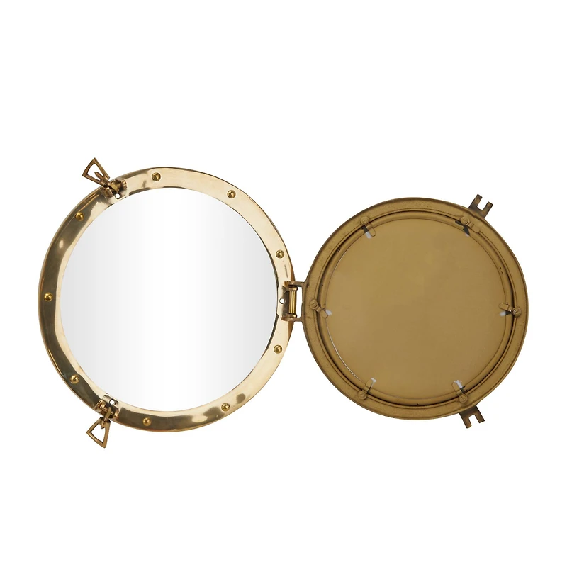 The Novogratz Gold Brass Sail Boat Wall Mirror with Port Hole Detailing 12" x 2" x 12"