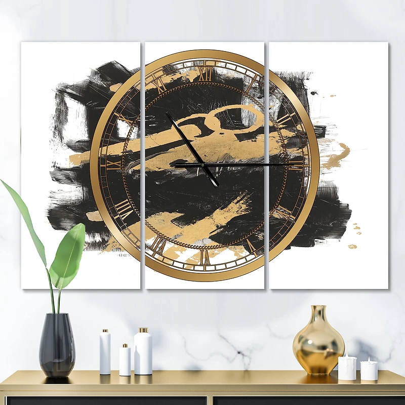 Designart 'Gold And Black Drift I Modern Multipanel Wall Clock