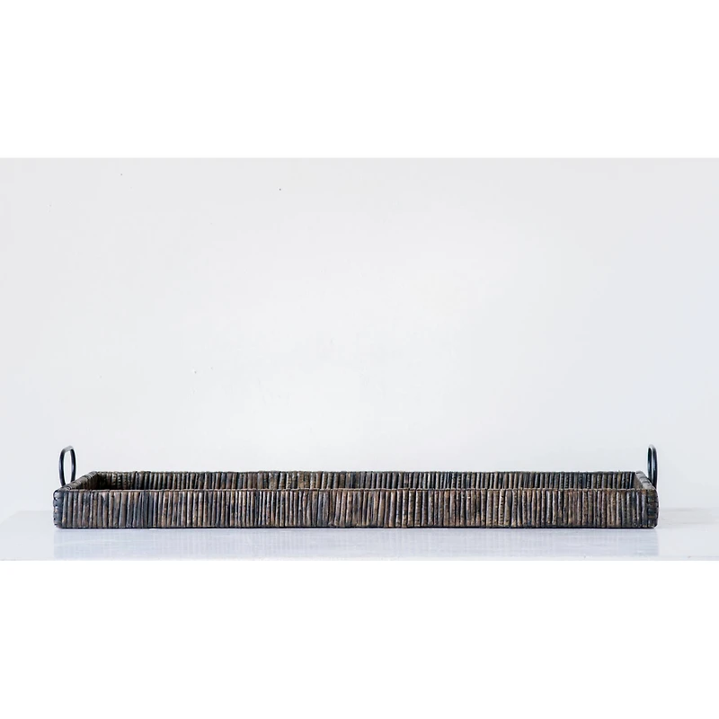 Hello Honey® Black Rattan & Wood Tray with Handles