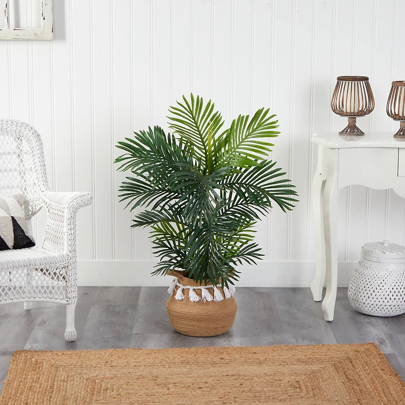 40" Areca Artificial Palm Tree in Boho Chic Handmade Natural Cotton Woven Planter with Tassels UV Resistant (Indoor/Outdoor)