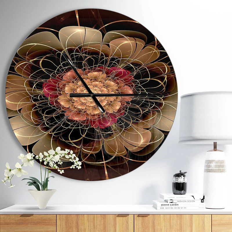 Designart 'Dark Gold Red Fractal Flower Pattern Modern Wall Clock