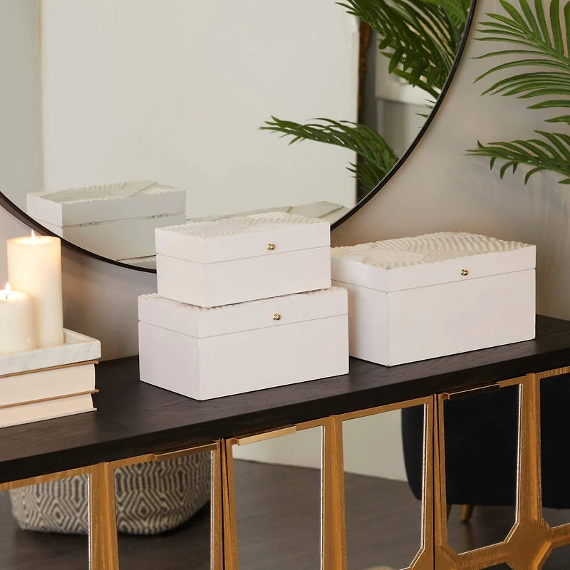 Novogratz White Wood Intricate Carved Box with Hinged Lid Set