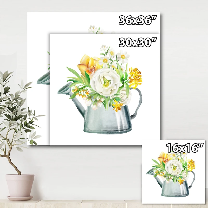 Designart - Roses Peonies & Marigolds In Garden Watering Can