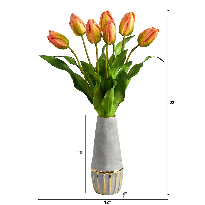 22" Yellow-Orange Dutch Tulip Arrangement in Gold Trim Stoneware Vase
