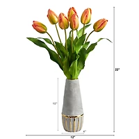 22" Yellow-Orange Dutch Tulip Arrangement in Gold Trim Stoneware Vase