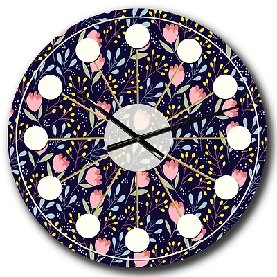 Designart 'Handdrawn Pink Flowers Mid-Century Modern Wall Clock