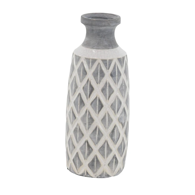 Coastal Gray And White Ceramic Jar Vase With Criss Cross Pattern, 16" x 6" x 6"
