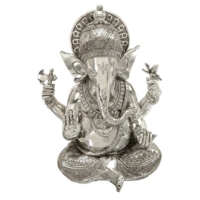 Silver Bohemian Polystone Sculpture, Ganesh 16" x 12" x 8"