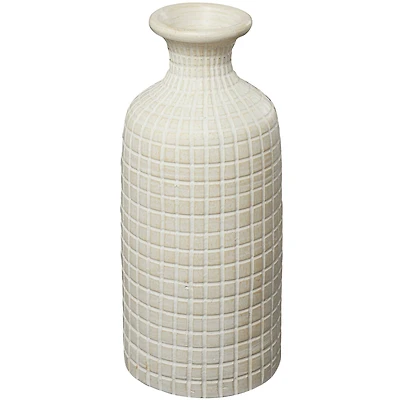 Cream Ceramic Textured Geometric Vase with Checkered Pattern