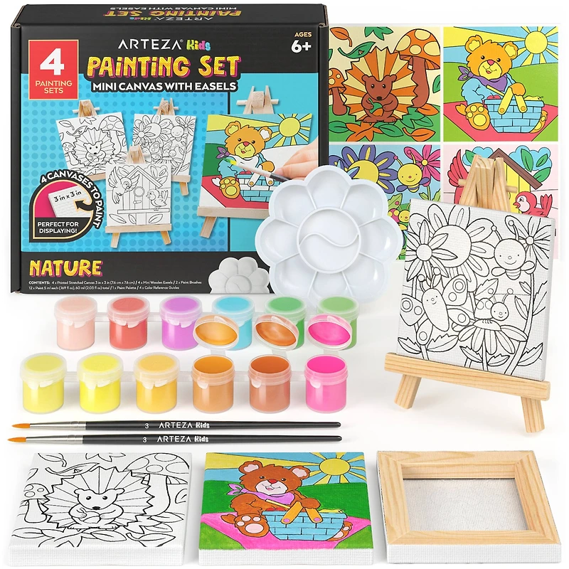 Arteza® Kids Canvas Paint Kit, 4 Mini Canvas- 3 x 3 with Easel, Nature