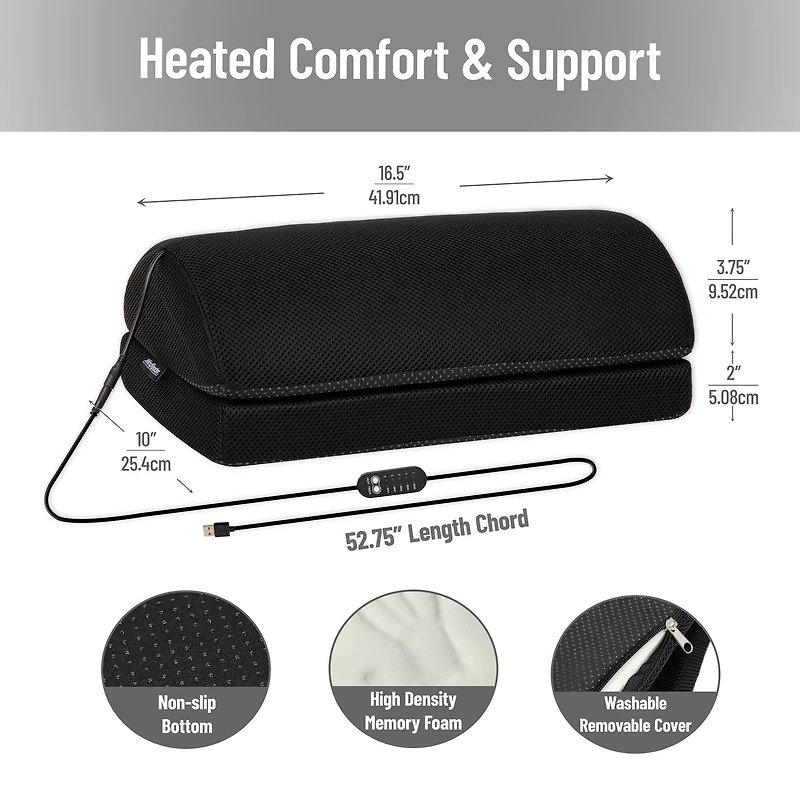 Mind Reader Heated Memory Foam Footrest, Under Desk Ergonomic Support with 4 Heat Settings, Timer & Auto Shut-Off, Adjustable Height, Black