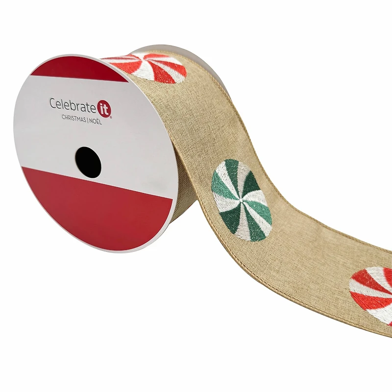 3.5" x 15ft. Embroidered Peppermints Wired Faux Linen Ribbon by Celebrate It®