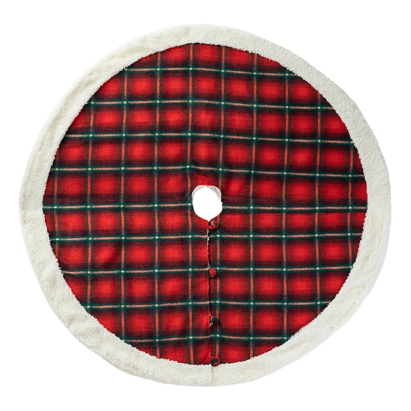 Glitzhome® 60" Red & Black Plaid Reversible Sherpa/Flannel Christmas Tree Skirt