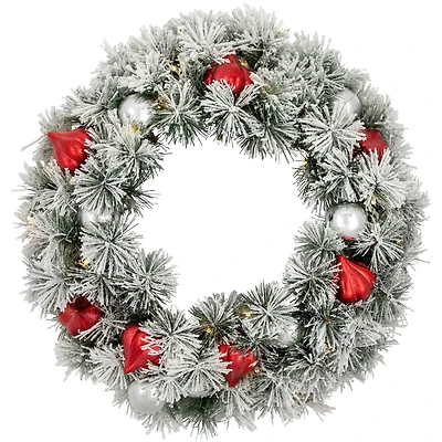24" Pre-Lit Snowy Bristle Pine Christmas Wreath, Warm White LED Lights